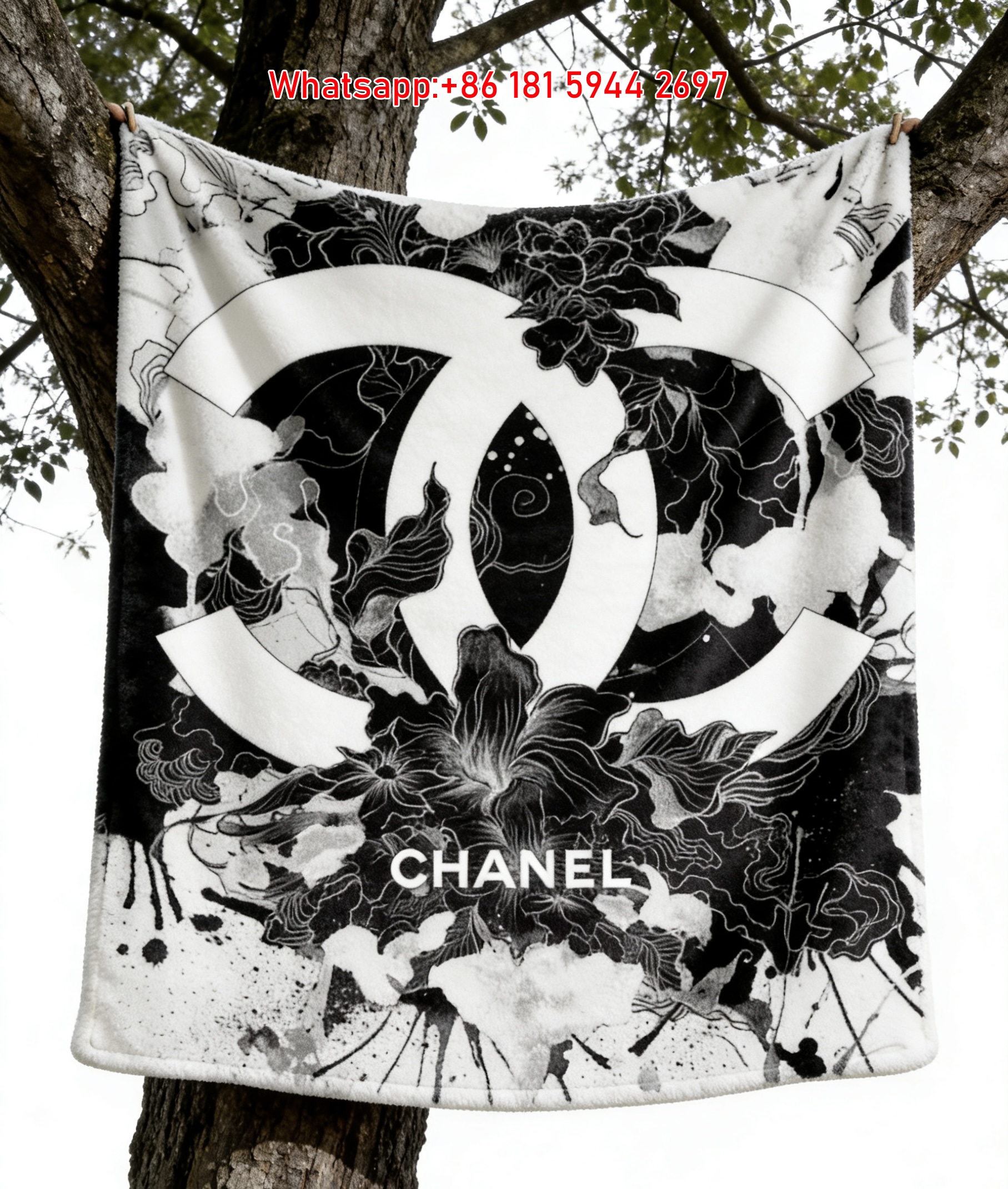 Chanel Ink Floral CC Logo Flannel Throw Blanket IMG_6678